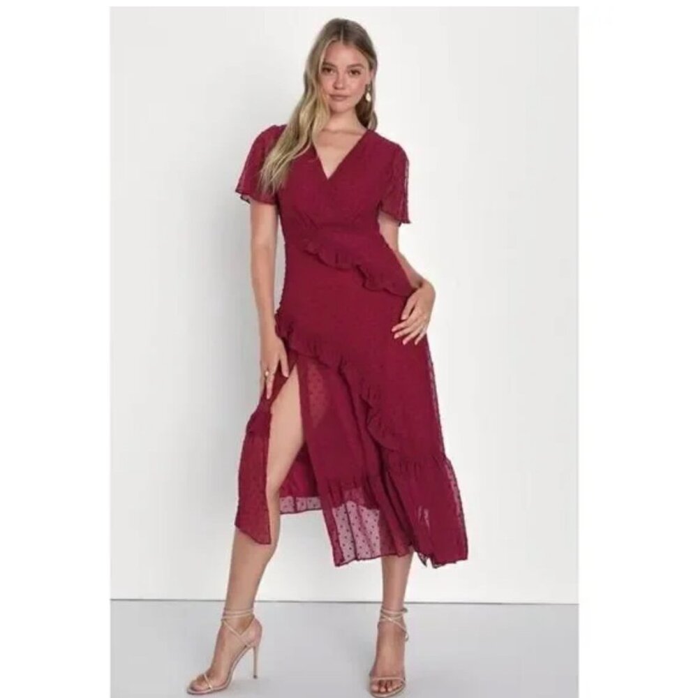 Next To You Plum Swiss Dot Ruffle Dress Medium Midi Wrap Wedding Guest